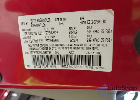 2007 Dodge Ram 1500 Slt z USA, uszkodzony, nr VIN 1D7HA182X7J591797